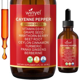 WINYEL Cayenne Pepper Drops Herbal Supplement, Hawthorn Berry, Vitamin D3 K2, Beet Root, Ceylon Cinnamon, Turmeric & Berberine Extract, 60ML (Option: 1 pcs)