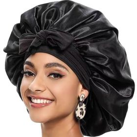 Large Satin Bonnet Silk Bonnet Hair Bonnet For Sleeping, Double Layer Satin Hair Bonnet For Sleeping With Tie Band Shower Cap, Black (Option: Default)